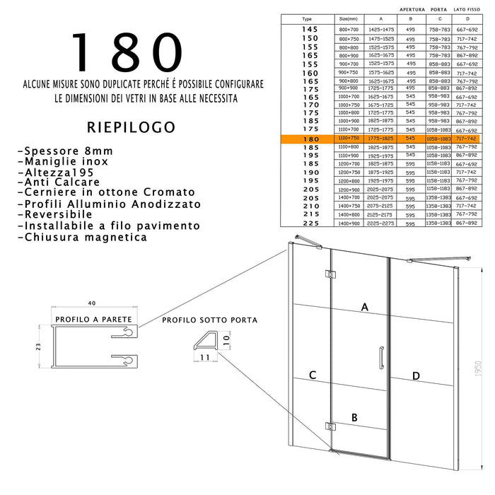 Porta Parete Doccia 180 cm 1 Anta Battente in Cristallo Trasparente 8mm H195 Bonussi Leonie