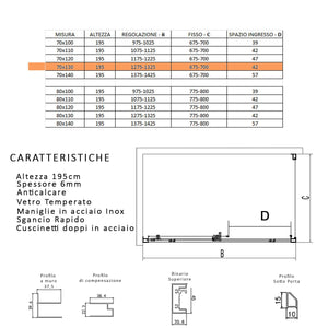 Box Doccia Angolare 70x130 cm 1 Anta Scorrevole in Cristallo Trasparente 6mm H195 Bonussi Eliane