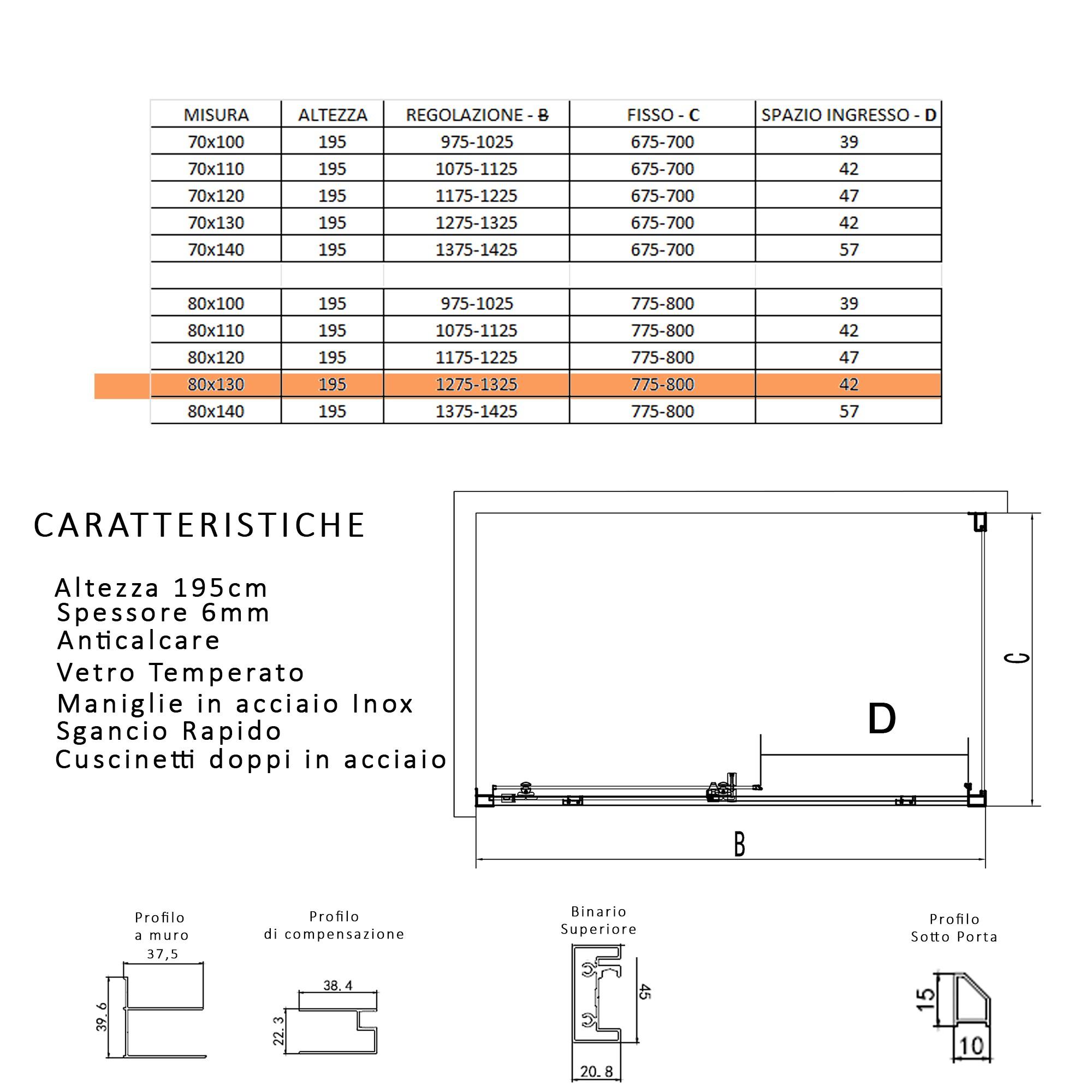 Box Doccia Angolare 80x130 cm 1 Anta Scorrevole in Cristallo Trasparente 6mm H195 Bonussi Eliane