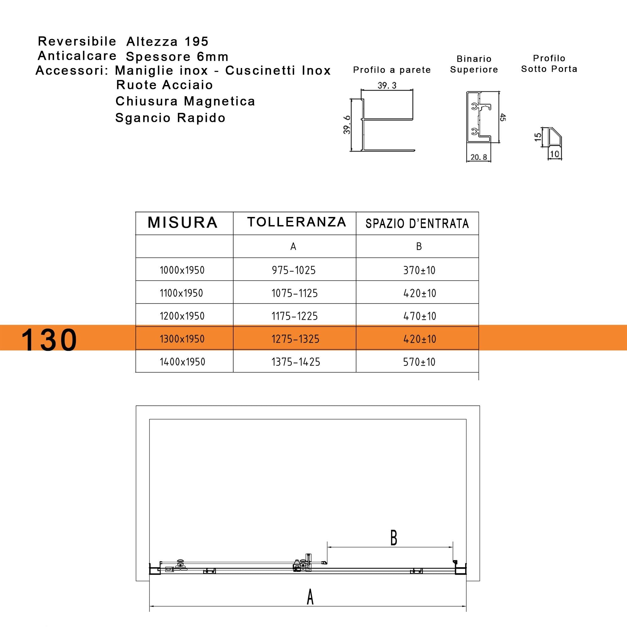 Porta Parete Doccia 130 cm 1 Anta Scorrevole in Cristallo Trasparente 6mm H195 Bonussi Eliane