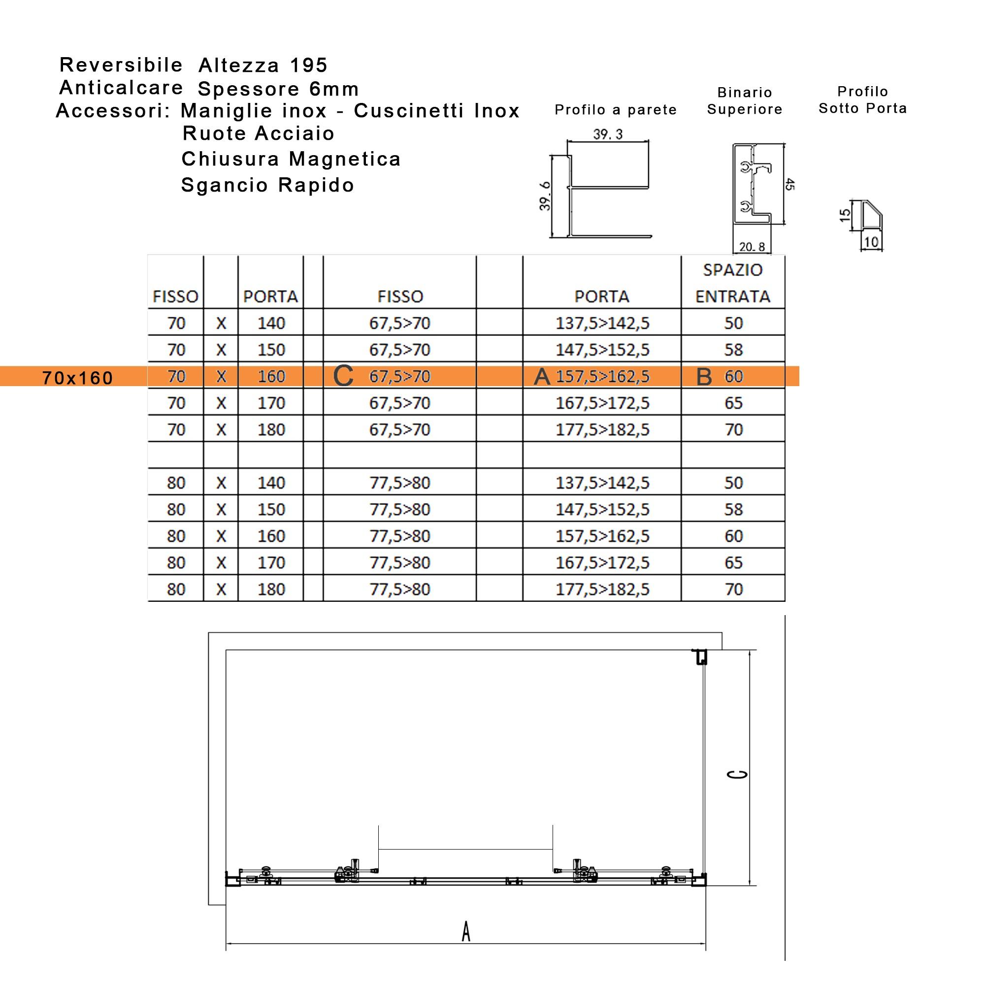 Box Doccia Angolare 70x160 cm 2 Ante Scorrevoli in Cristallo Trasparente 6mm H195 Bonussi Eliane