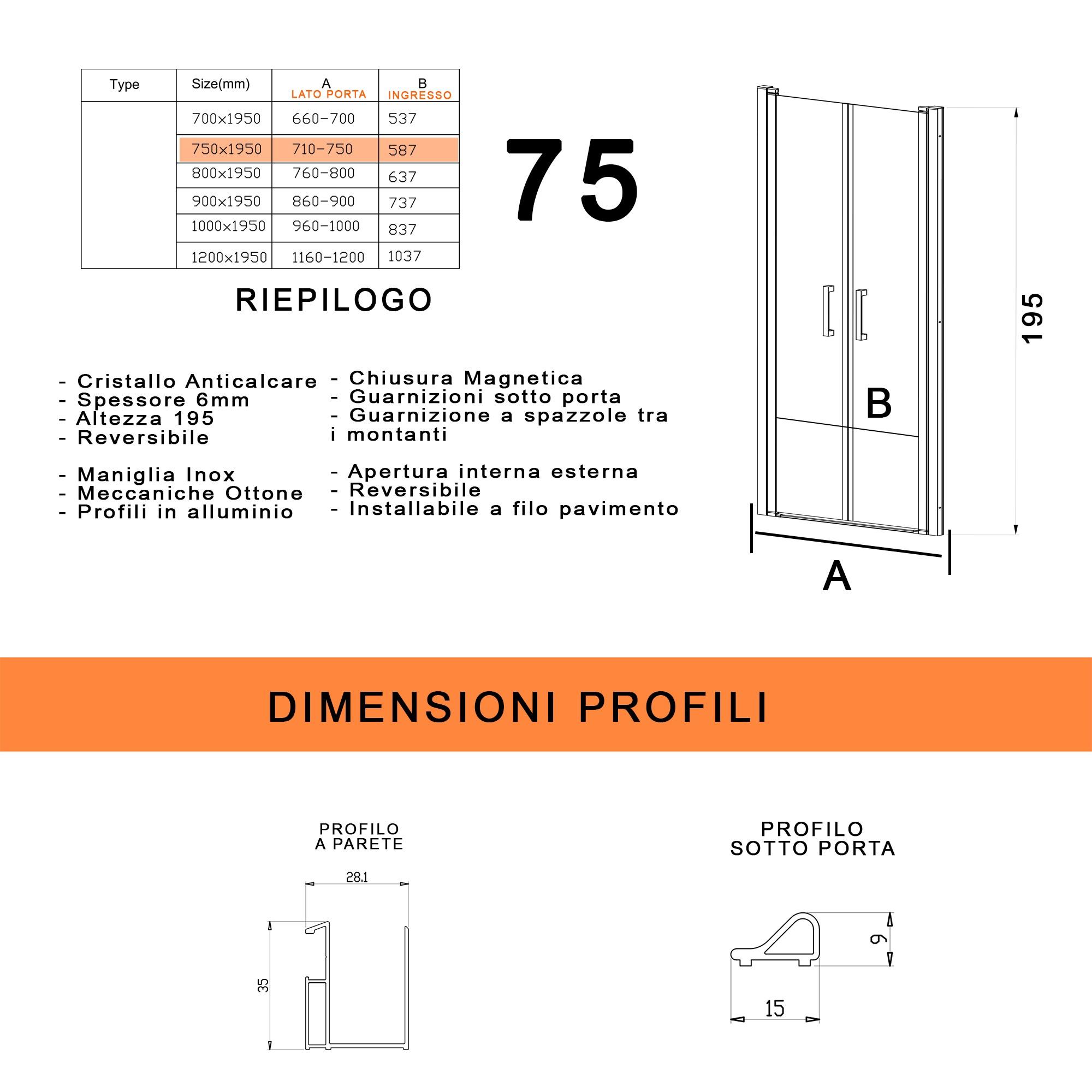 Porta Parete Doccia 75 cm 2 Ante Saloon in Cristallo Trasparente 6mm H195 Bonussi Julia