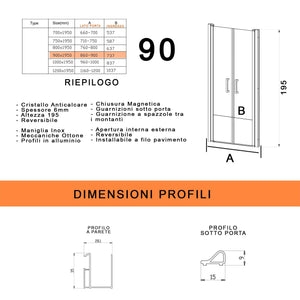 Porta Parete Doccia 90 cm 2 Ante Saloon in Cristallo Trasparente 6mm H195 Bonussi Julia