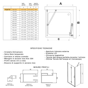 Box Doccia angolare 70x70 cm 1 anta a Libro in Cristallo trasparente 6mm H195 Bonussi Noemi