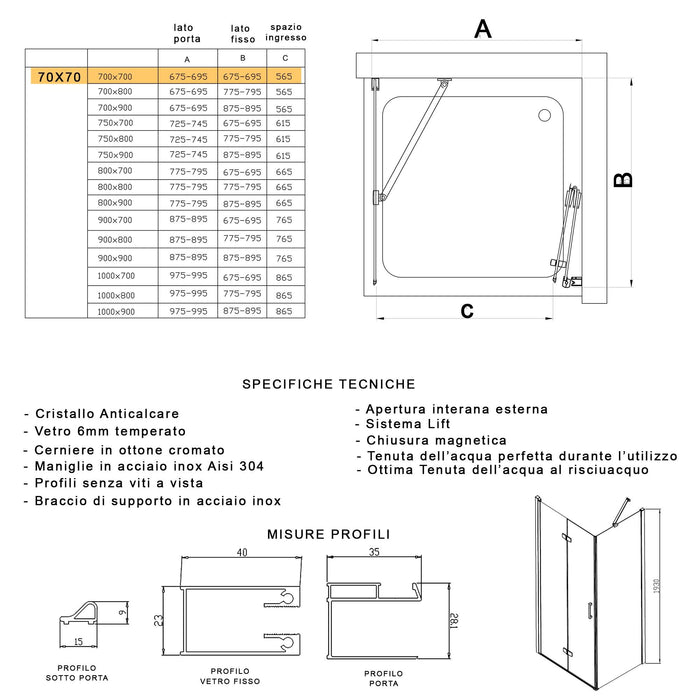 Box Doccia angolare 70x70 cm 1 anta a Libro in Cristallo trasparente 6mm H195 Bonussi Noemi