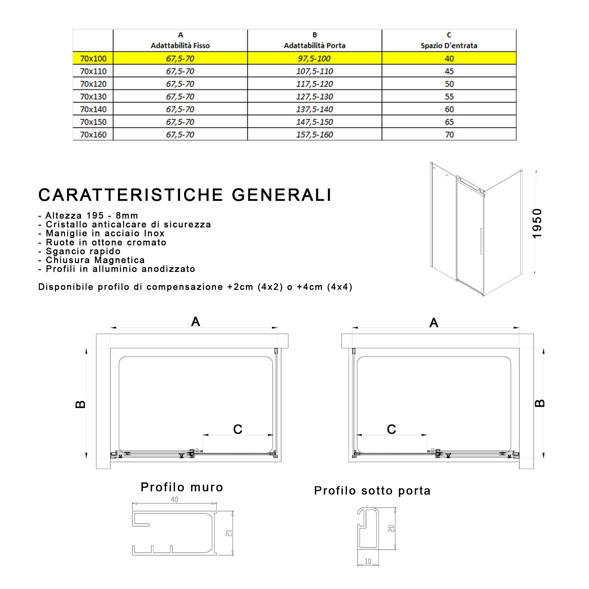 Box Doccia Angolare 70x100 cm 1 Anta Scorrevole in Cristallo Fumè 8mm H195 Bonussi Alina