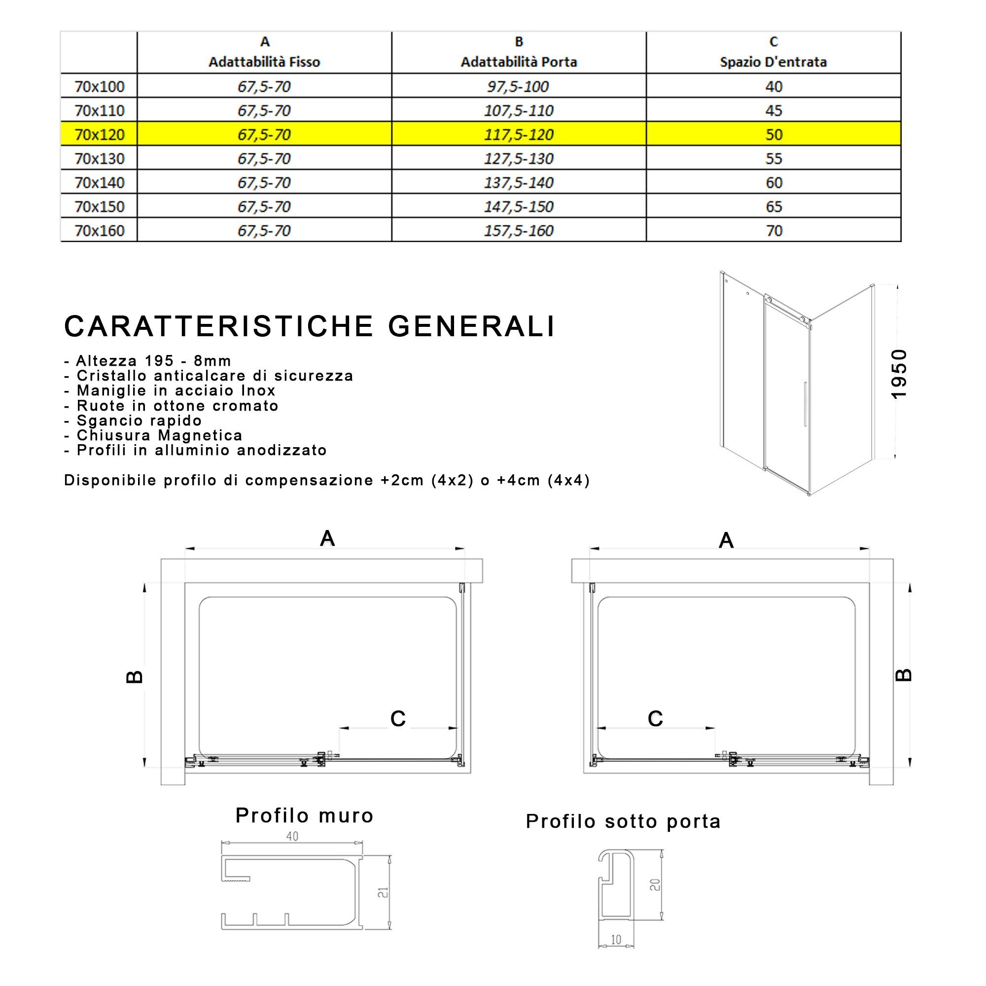 Box Doccia Angolare 70x120 cm 1 Anta Scorrevole in Cristallo Fumè 8mm H195 Bonussi Alina