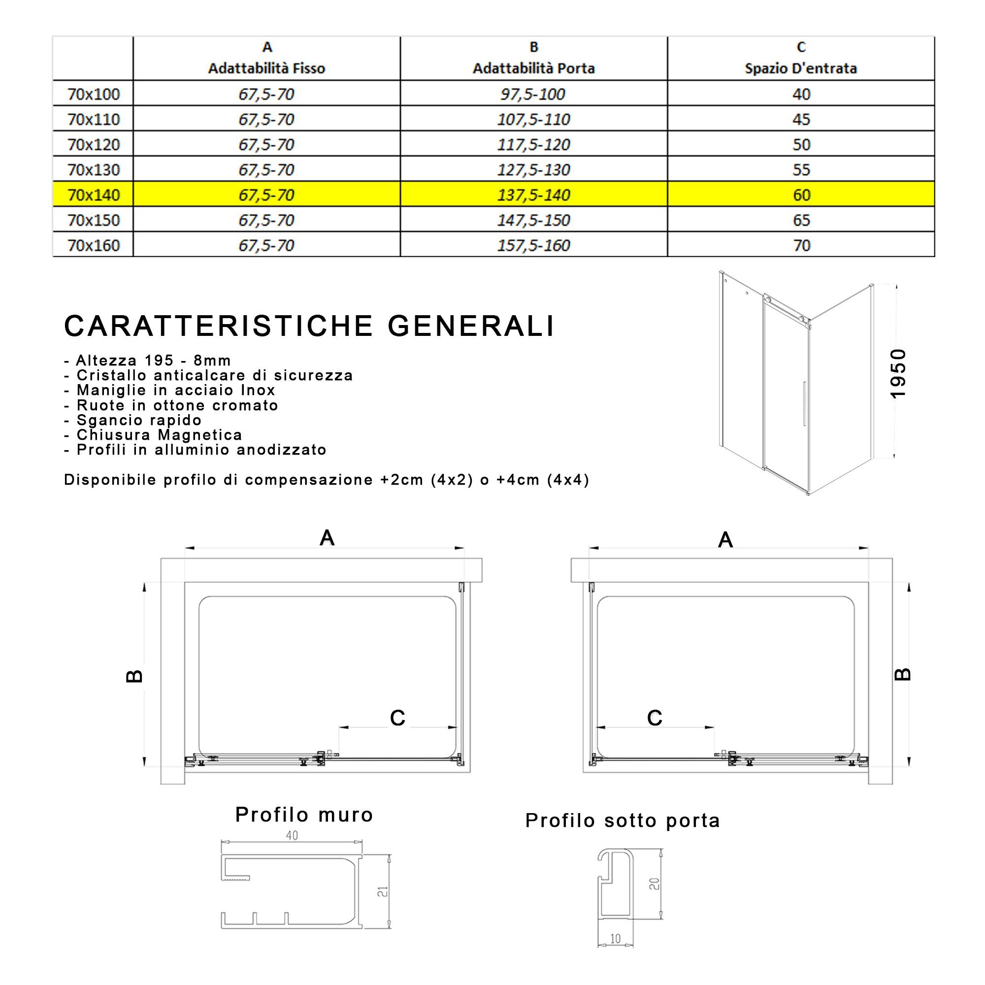 Box Doccia Angolare 70x140 cm 1 Anta Scorrevole in Cristallo Fumè 8mm H195 Bonussi Alina