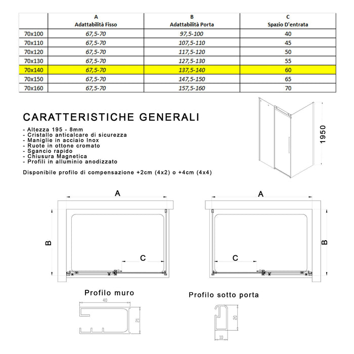 Box Doccia Angolare 70x140 cm 1 Anta Scorrevole in Cristallo Fumè 8mm H195 Bonussi Alina