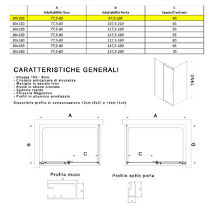 Box Doccia Angolare 80x100 cm 1 Anta Scorrevole in Cristallo Fumè 8mm H195 Bonussi Alina