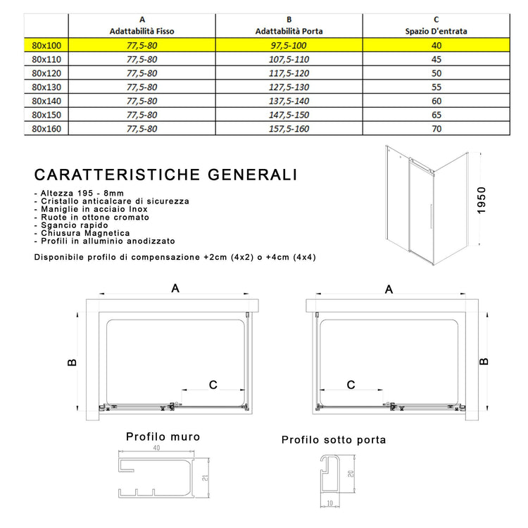 Box Doccia Angolare 80x100 cm 1 Anta Scorrevole in Cristallo Fumè 8mm H195 Bonussi Alina