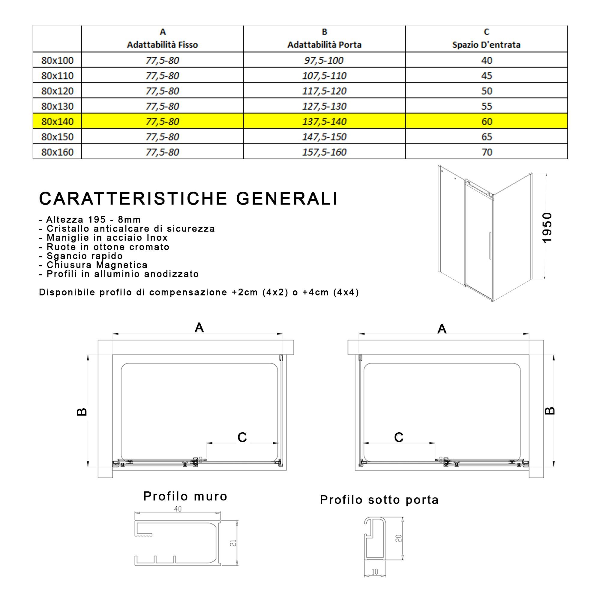 Box Doccia Angolare 80x140 cm 1 Anta Scorrevole in Cristallo Fumè 8mm H195 Bonussi Alina