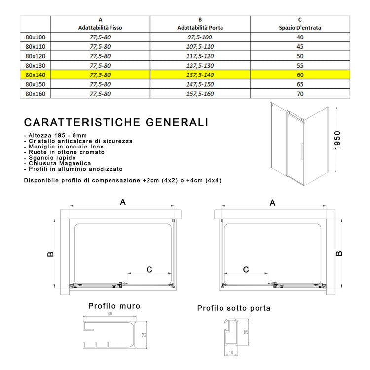 Box Doccia Angolare 80x140 cm 1 Anta Scorrevole in Cristallo Fumè 8mm H195 Bonussi Alina