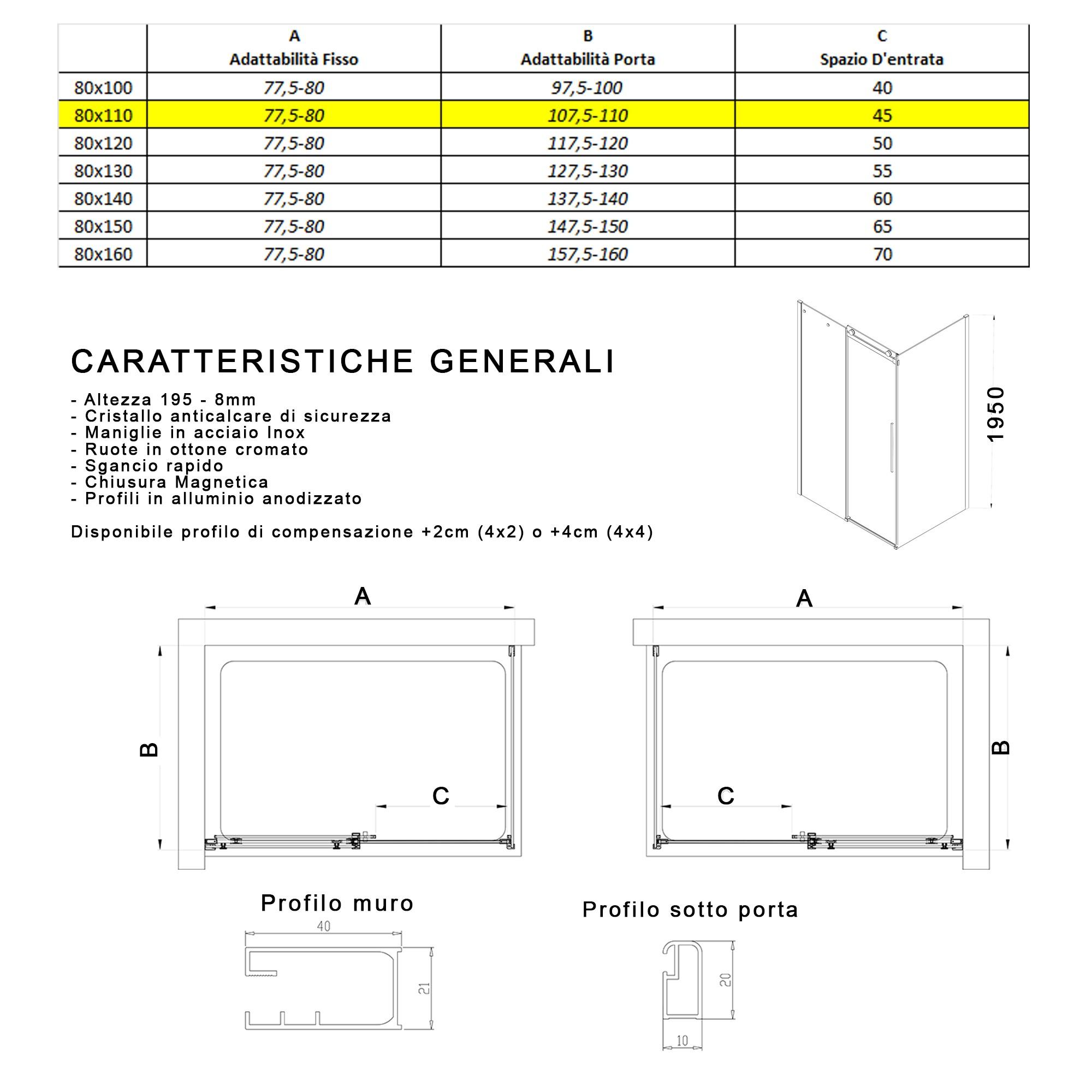 Box Doccia Angolare 80x110 cm 1 Anta Scorrevole in Cristallo Fumè 8mm H195 Bonussi Alina