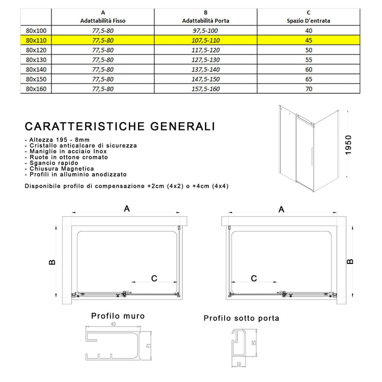 Box Doccia Angolare 80x110 cm 1 Anta Scorrevole in Cristallo Fumè 8mm H195 Bonussi Alina