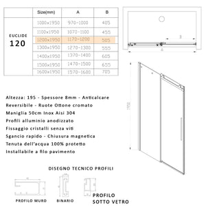 Porta Parete Doccia 120 cm 1 Anta Scorrevole in Cristallo Trasparente 8mm H195 Bonussi Selina