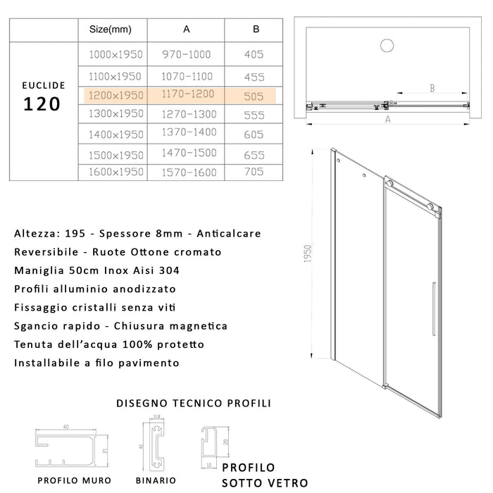 Porta Parete Doccia 120 cm 1 Anta Scorrevole in Cristallo Trasparente 8mm H195 Bonussi Selina