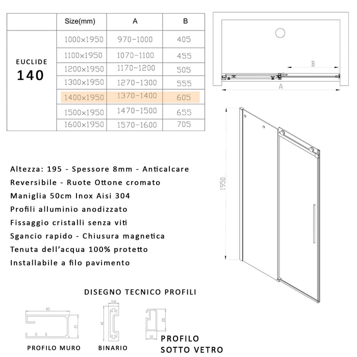 Porta Parete Doccia 140 cm 1 Anta Scorrevole in Cristallo Trasparente 8mm H195 Bonussi Selina