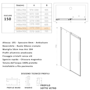 Porta Parete Doccia 150 cm 1 Anta Scorrevole in Cristallo Trasparente 8mm H195 Bonussi Selina