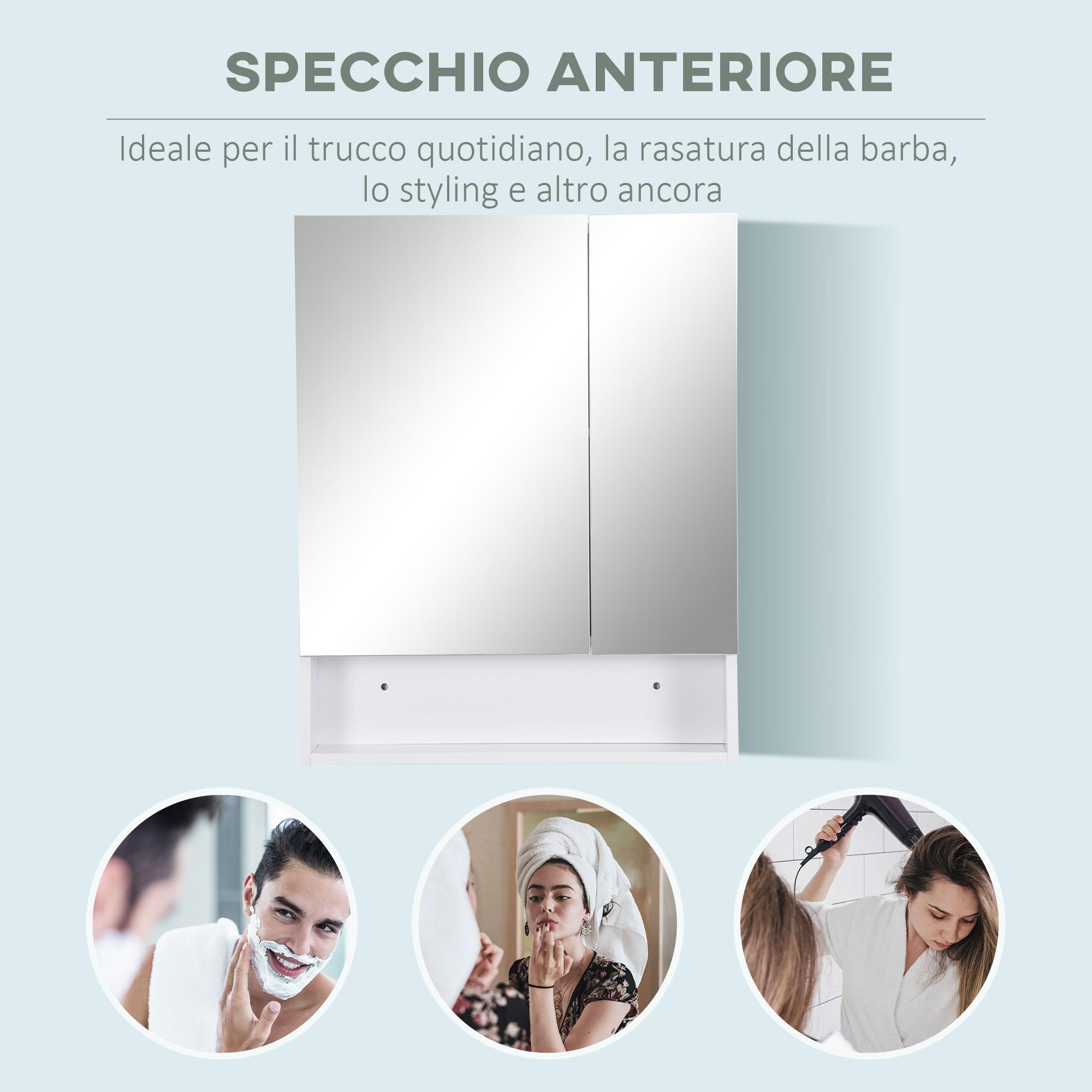 Pensile da Bagno con Specchio 2 Ante 60x15x75 cm in MDF Bianco