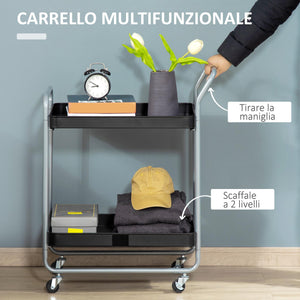 Carrello Portavivande da Cucina 2 Ripiani 63x40,4x83,5 cm con Ruote in Metallo Nero