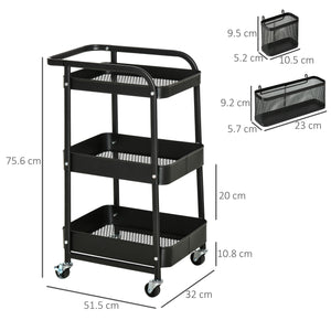 Carrello Portavivande da Cucina 3 Ripiani 51,5x32x75,6 cm con Ruote in Acciaio Nero