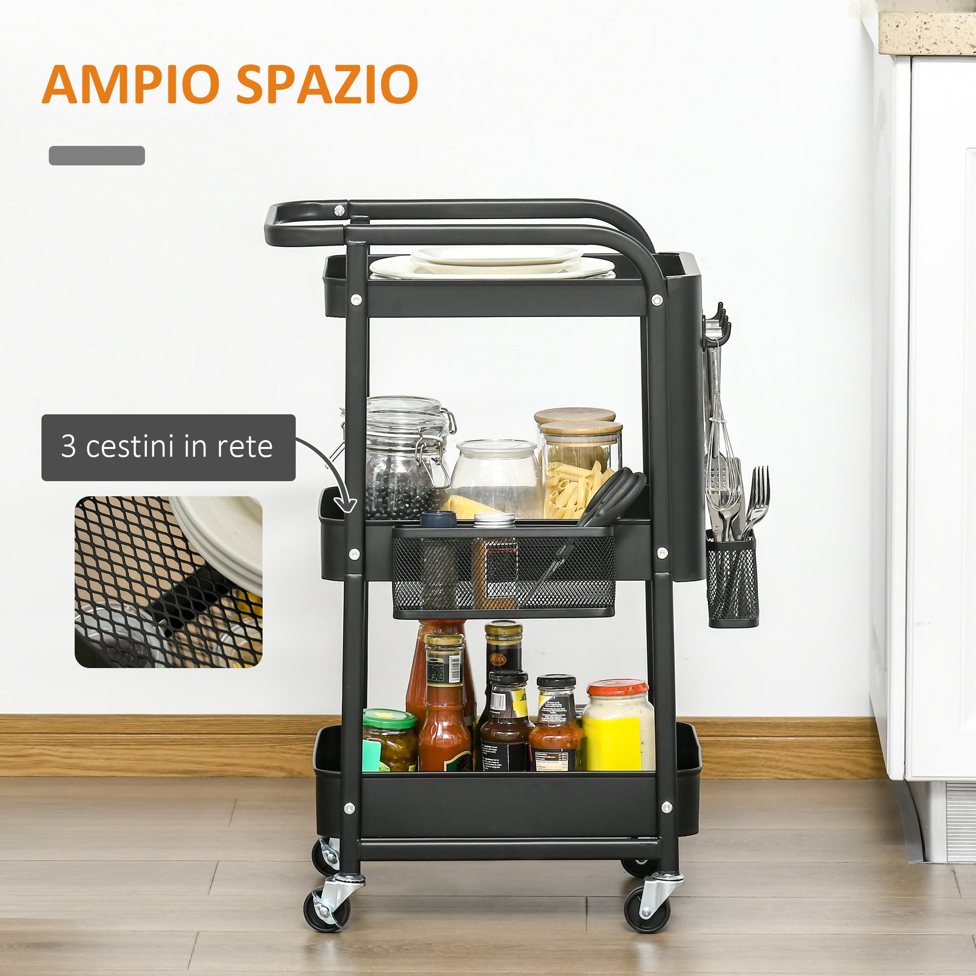 Carrello Portavivande da Cucina 3 Ripiani 51,5x32x75,6 cm con Ruote in Acciaio Nero