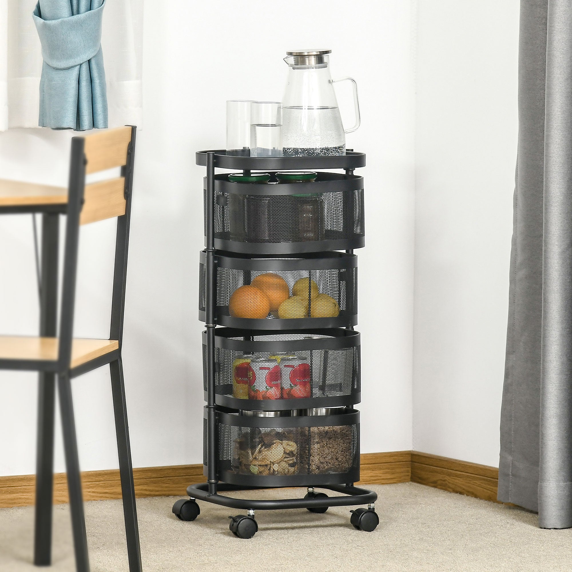 Carrello Portavivande da Cucina 4 Cestelli 1 Ripiano 33x33x77 cm con Ruote in Acciaio Nero