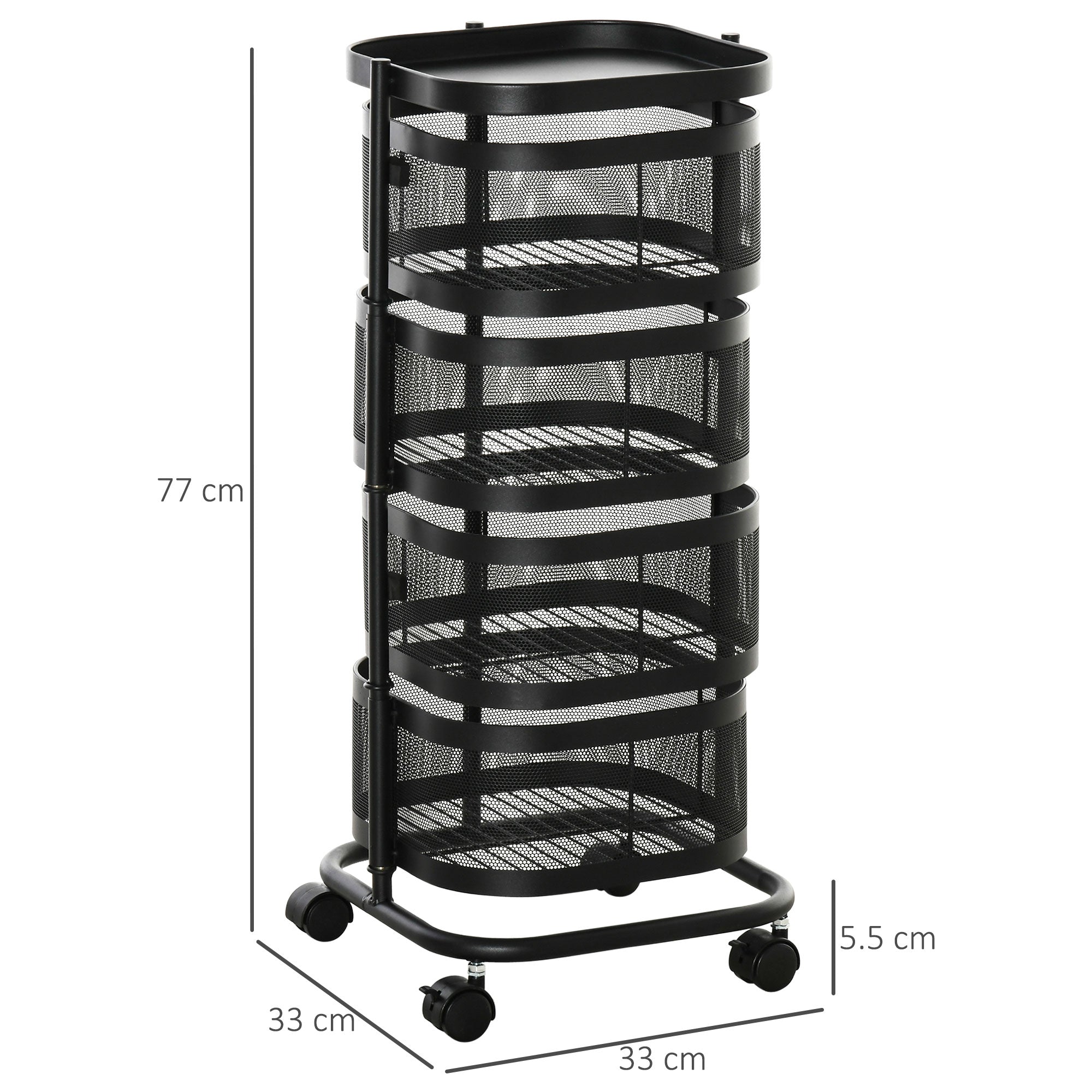 Carrello Portavivande da Cucina 4 Cestelli 1 Ripiano 33x33x77 cm con Ruote in Acciaio Nero