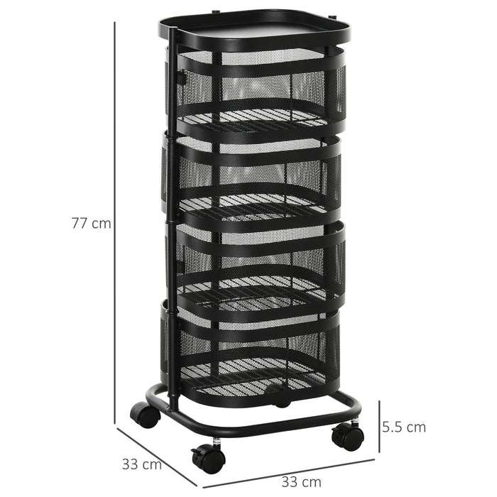 Carrello Portavivande da Cucina 4 Cestelli 1 Ripiano 33x33x77 cm con Ruote in Acciaio Nero