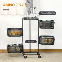 Carrello Portavivande da Cucina 4 Cestelli 1 Ripiano 33x33x77 cm con Ruote in Acciaio Nero