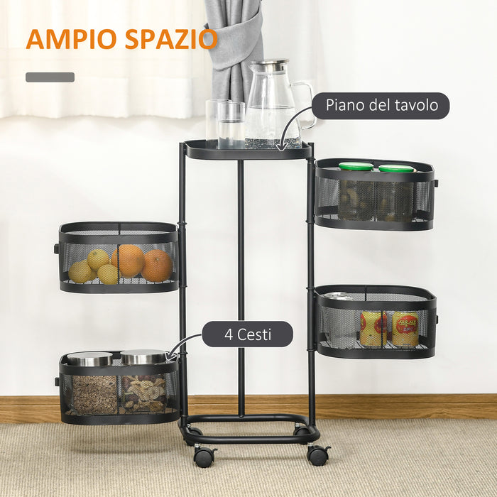 Carrello Portavivande da Cucina 4 Cestelli 1 Ripiano 33x33x77 cm con Ruote in Acciaio Nero