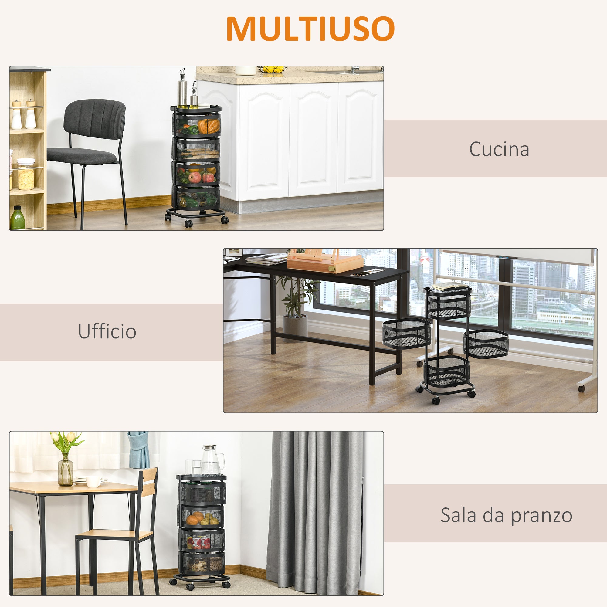 Carrello Portavivande da Cucina 4 Cestelli 1 Ripiano 33x33x77 cm con Ruote in Acciaio Nero