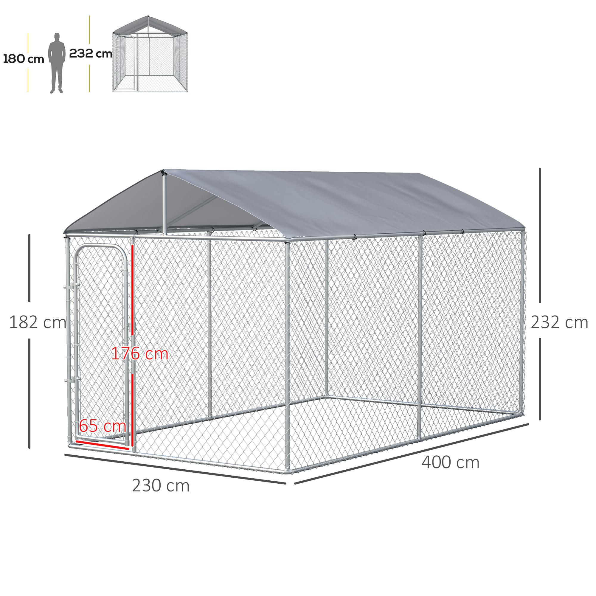 Recinto per Animali Domestici con Tetto 400x230x232 cm in Acciaio e Tessuto Oxfod Argento