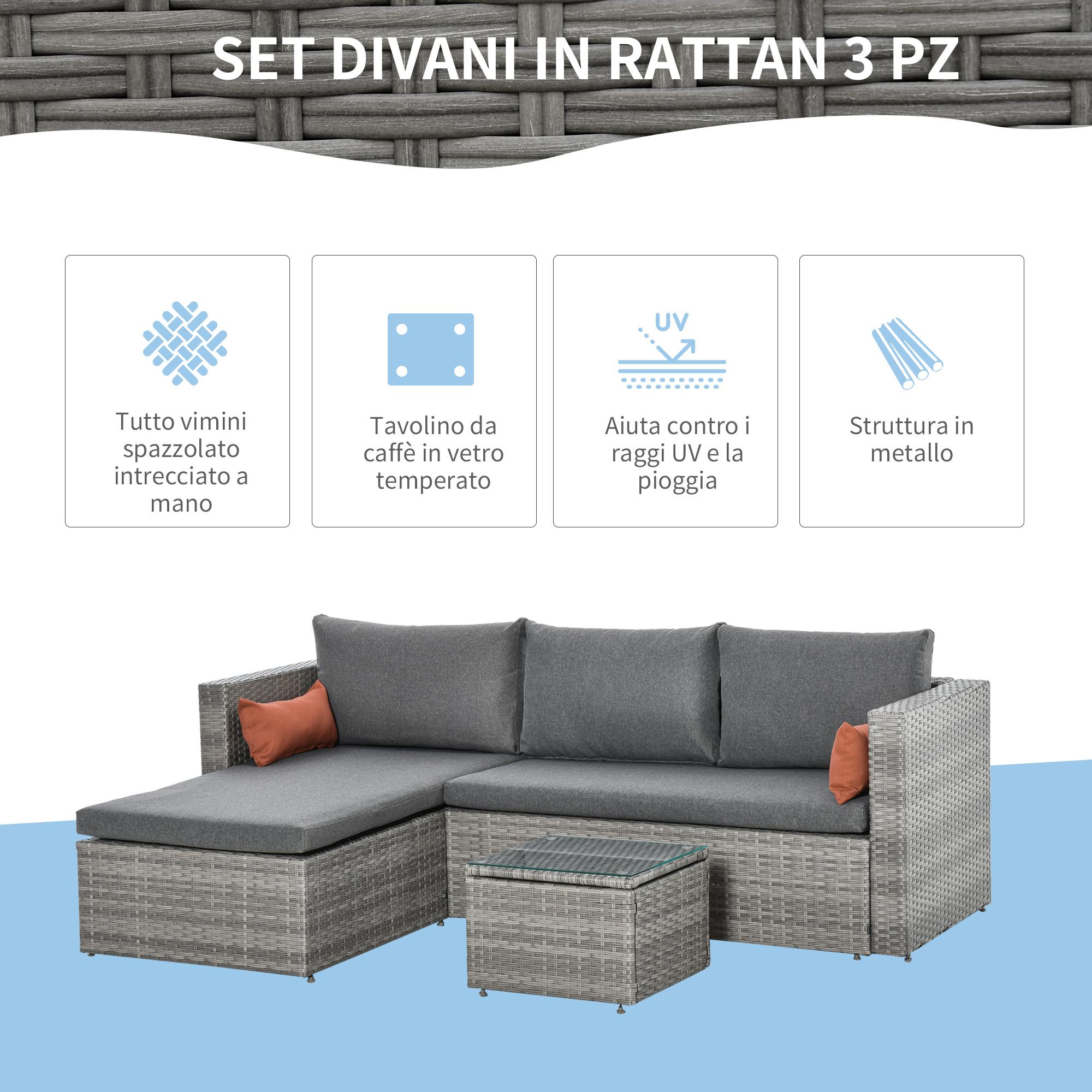 Set 2 Divani e Tavolino da Giardino in Rattan Grigio