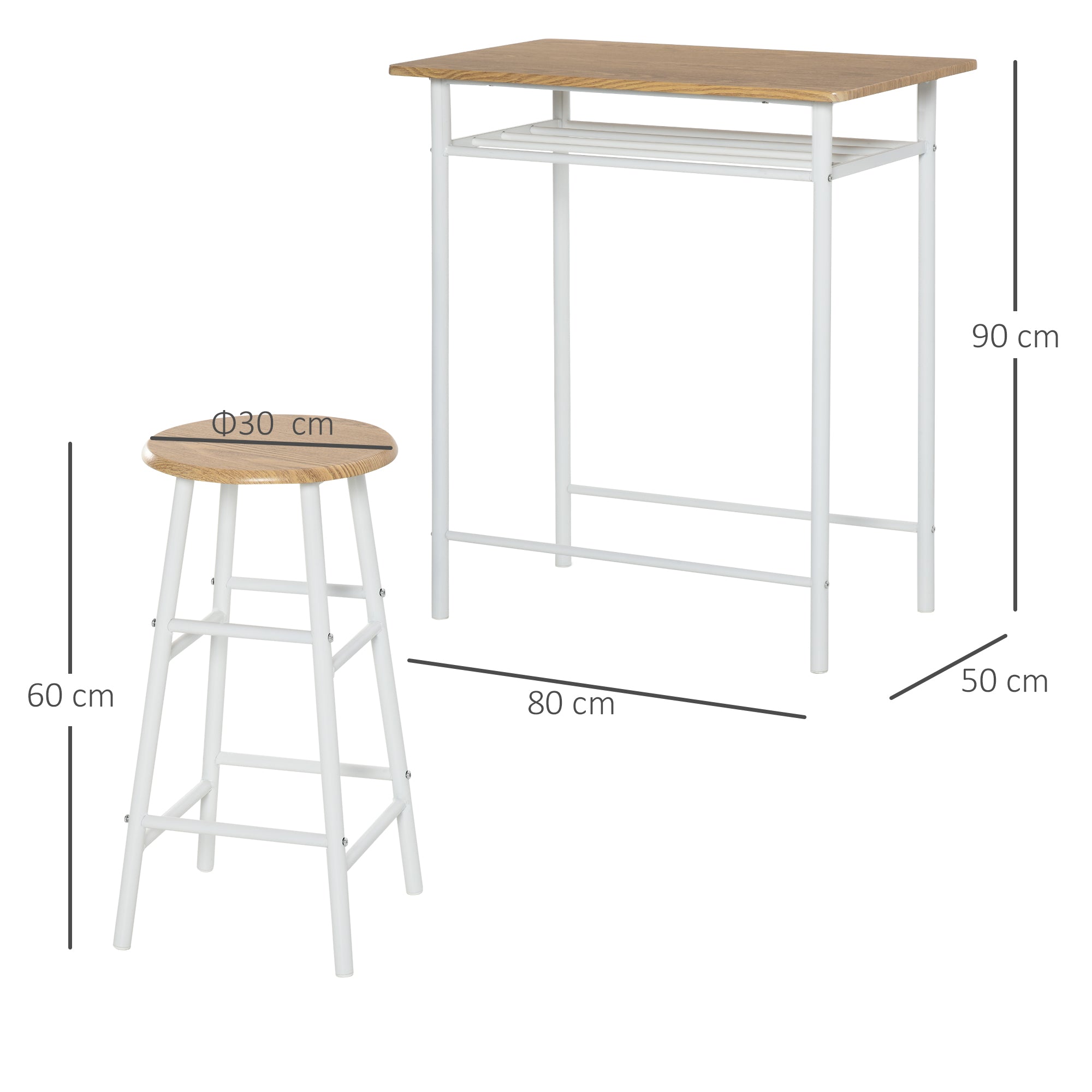 Set Tavolo Alto 80x50x90 cm e 2 Sgabelli Bianco