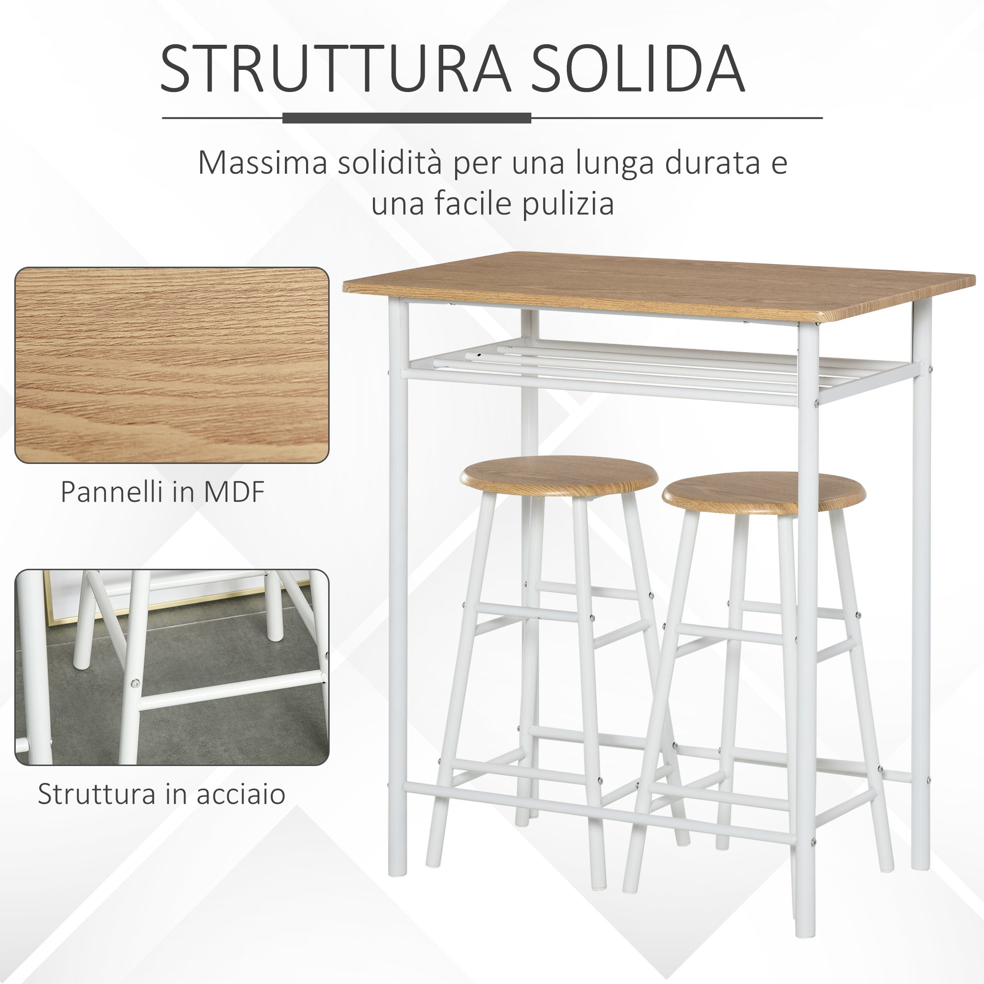 Set Tavolo Alto 80x50x90 cm e 2 Sgabelli Bianco