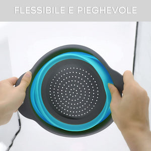 Set 2 Scolapasta Pieghevoli Tondi in Silicone Antiscivolo e Salvaspazio