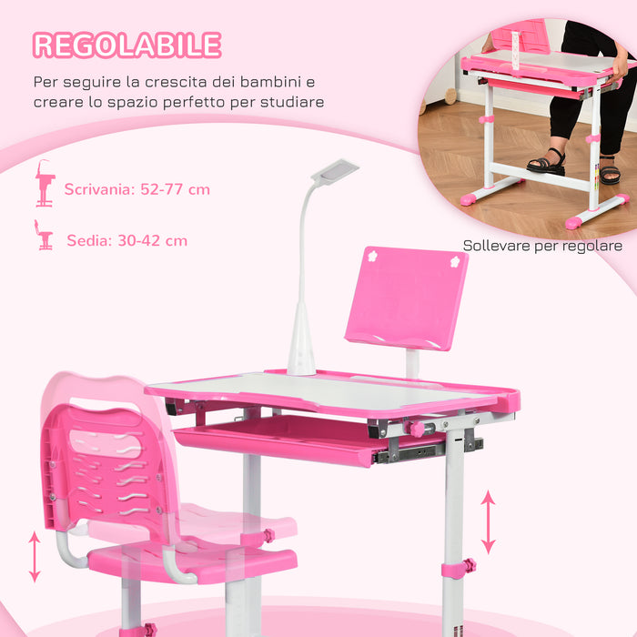 Banco Scuola con Sedia per Bambini con Lampa LED e Leggio Rosa