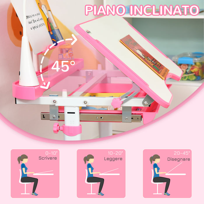 Banco Scuola con Sedia per Bambini con Lampa LED e Leggio Rosa