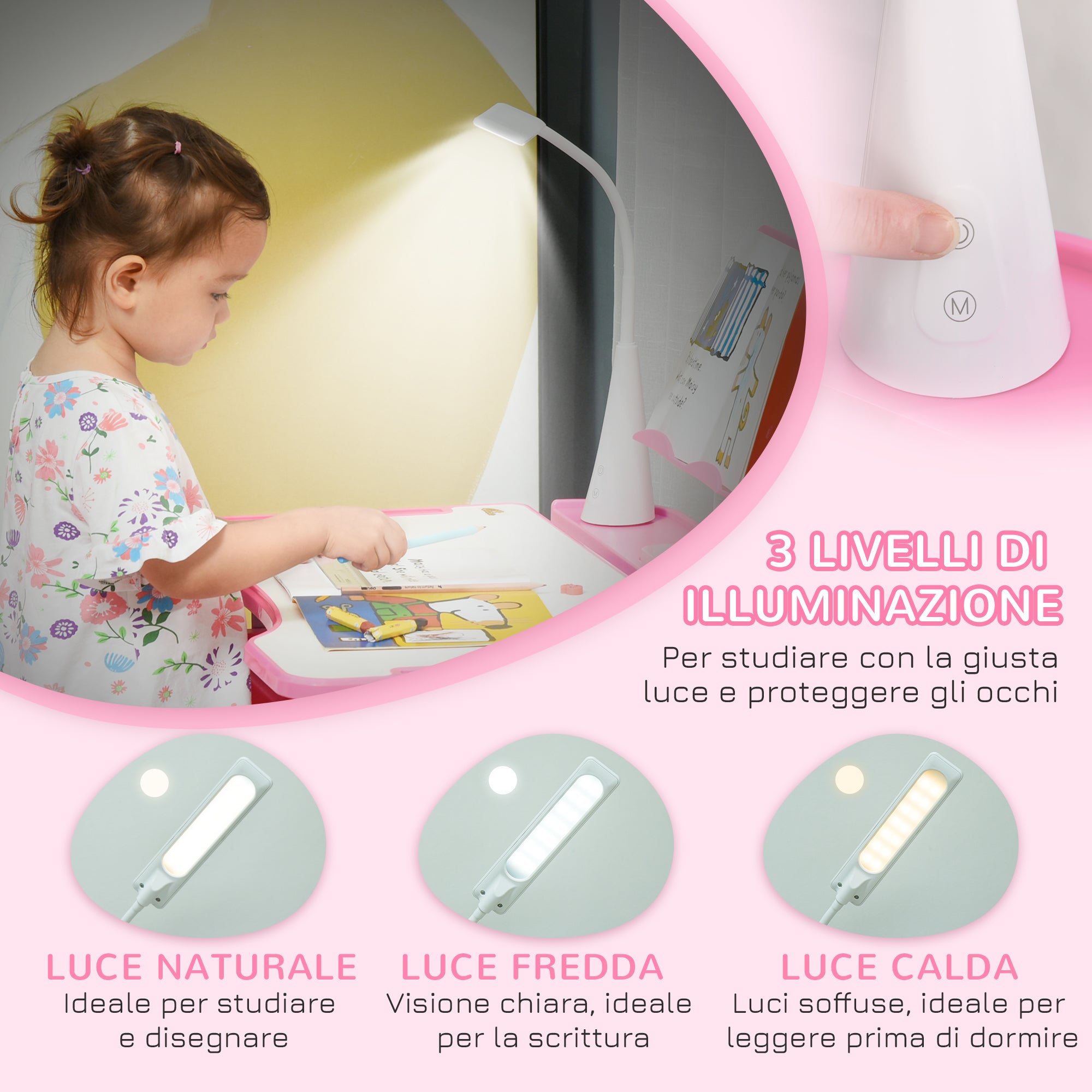 Banco Scuola con Sedia per Bambini con Lampa LED e Leggio Rosa