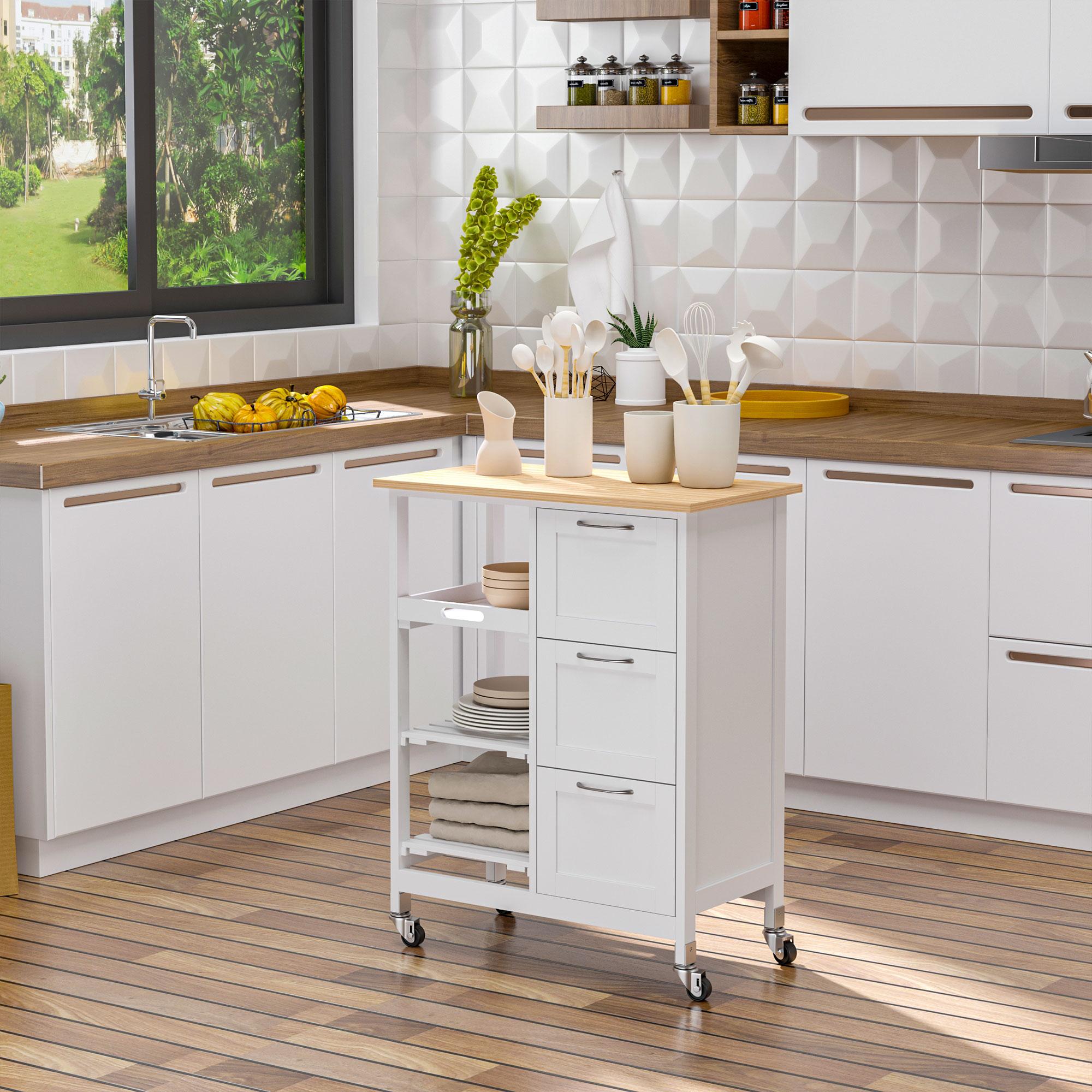 Carrello da Cucina 67x37x84 cm 3 Cassetti in MDF e Legno di Pino