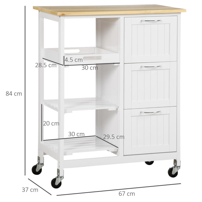 Carrello da Cucina 67x37x84 cm 3 Cassetti in MDF e Legno di Pino