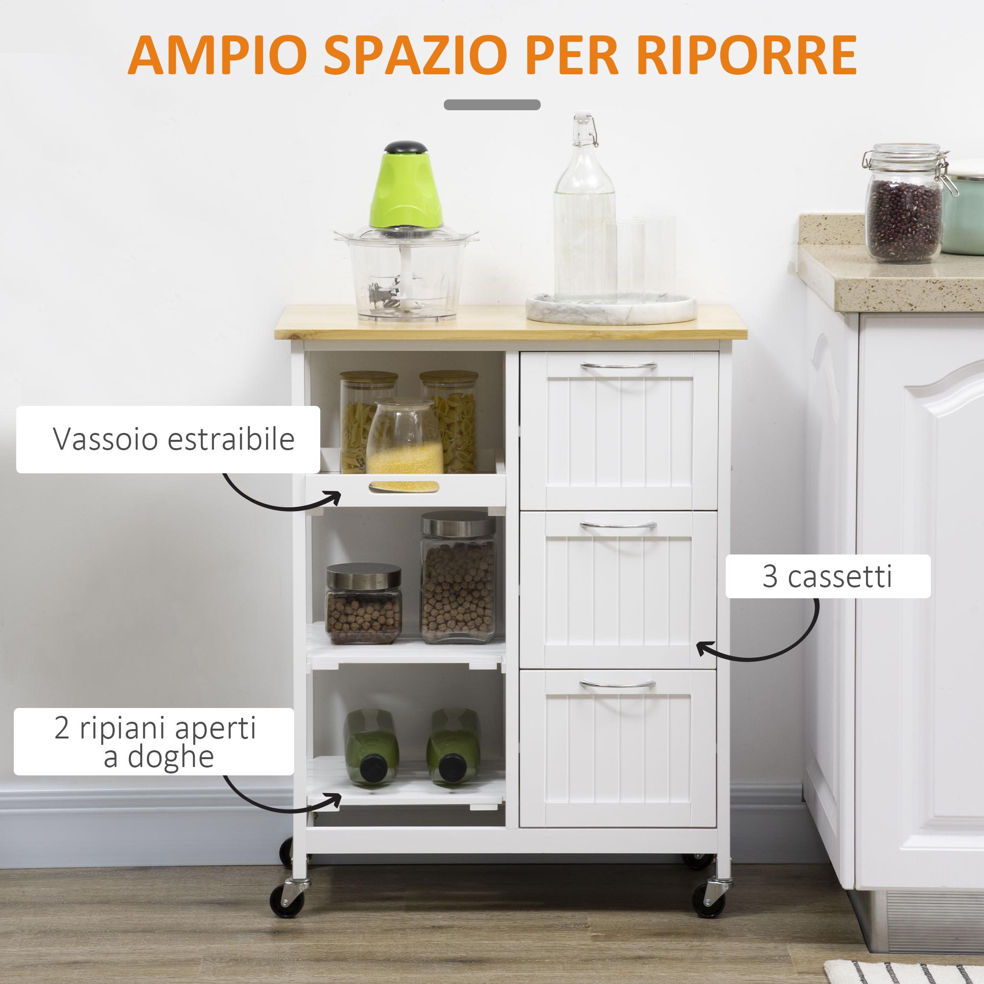 Carrello da Cucina 67x37x84 cm 3 Cassetti in MDF e Legno di Pino