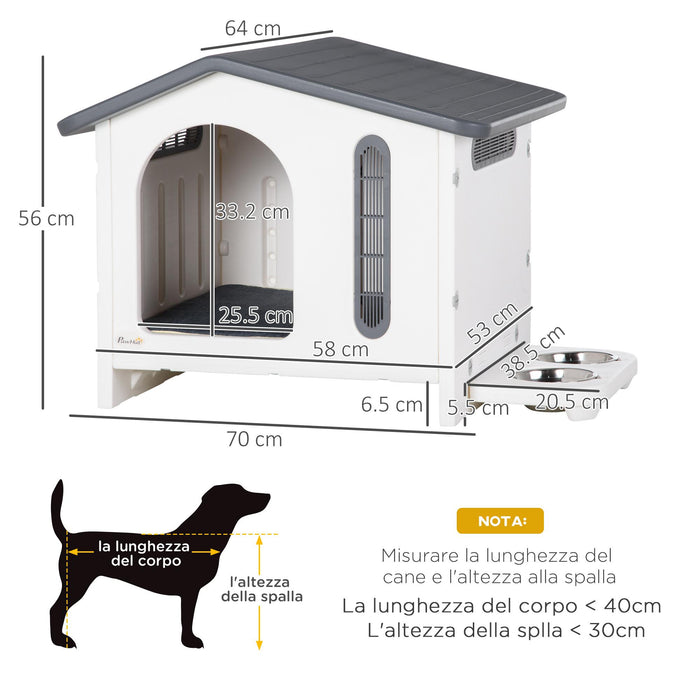 Cuccia per Cani 70x64x56 cm con Vassoio per Ciotole Finestre Grigia e Bianca