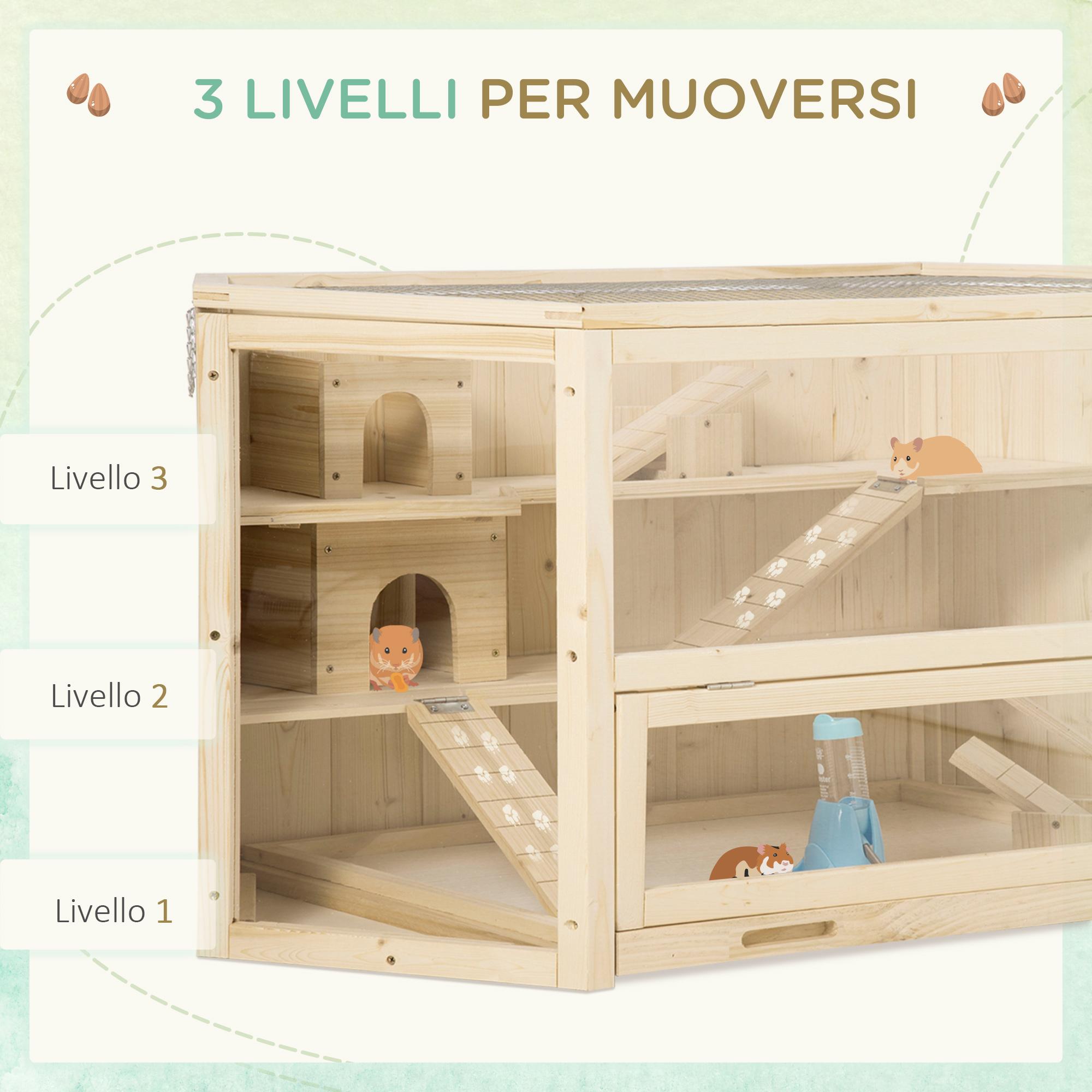 Casetta per Criceti 3 Livelli 115x60x55 cm Tetto Apribile in Legno e Plastica