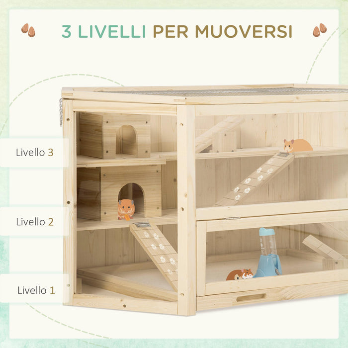 Casetta per Criceti 3 Livelli 115x60x55 cm Tetto Apribile in Legno e Plastica