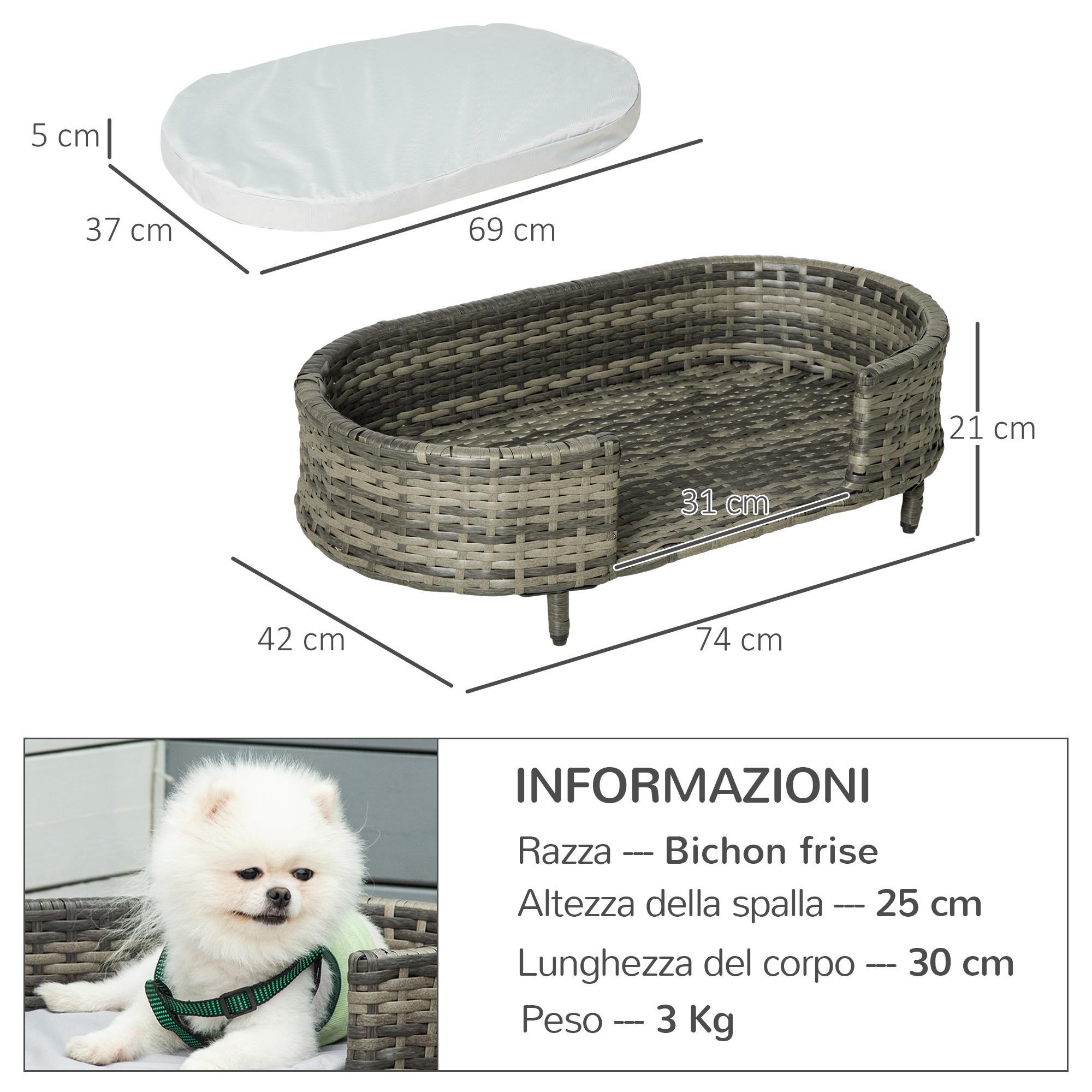 Cuccia per Cani 74x42x21 cm con Cuscino in Rattan PE Marrone e Grigio