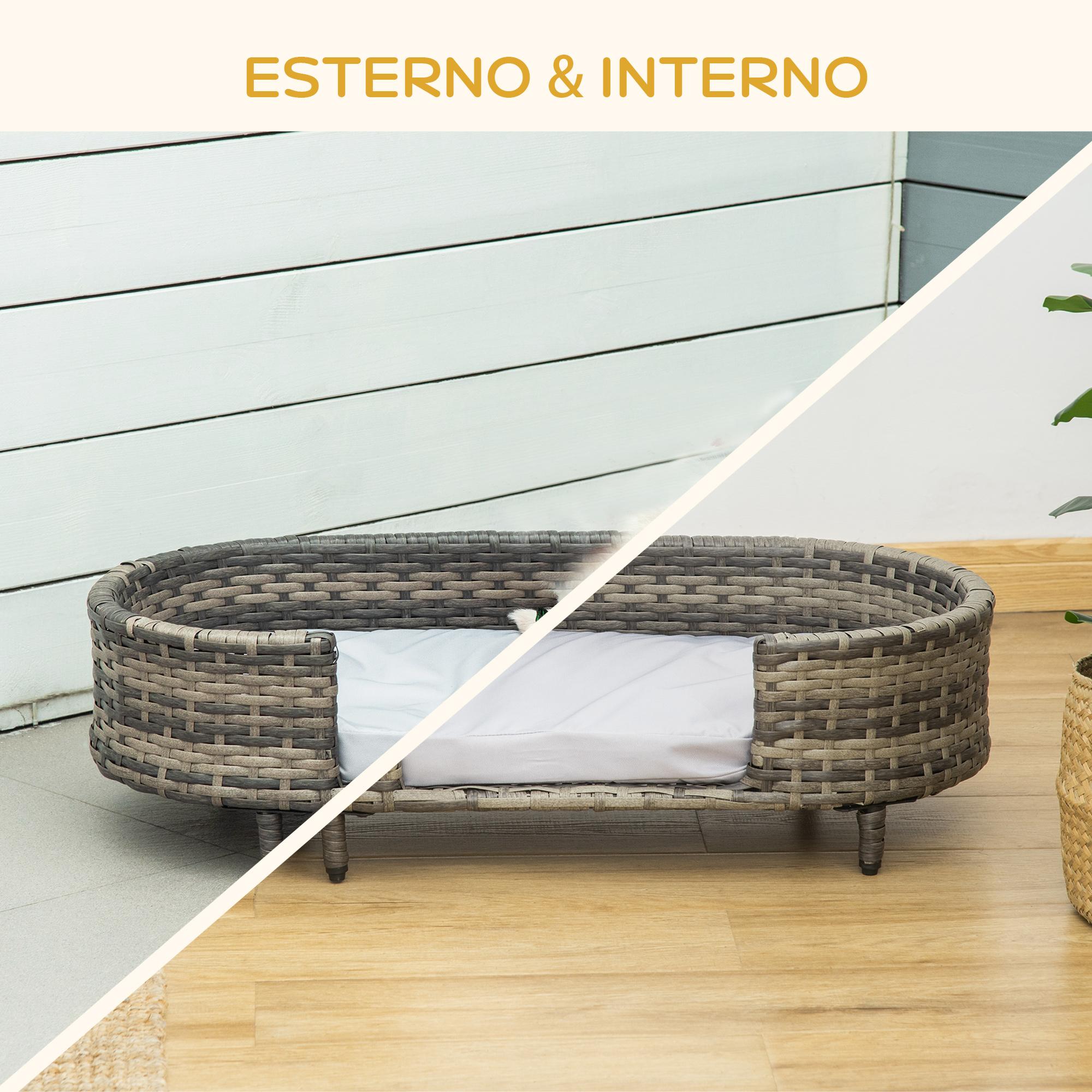 Cuccia per Cani 74x42x21 cm con Cuscino in Rattan PE Marrone e Grigio