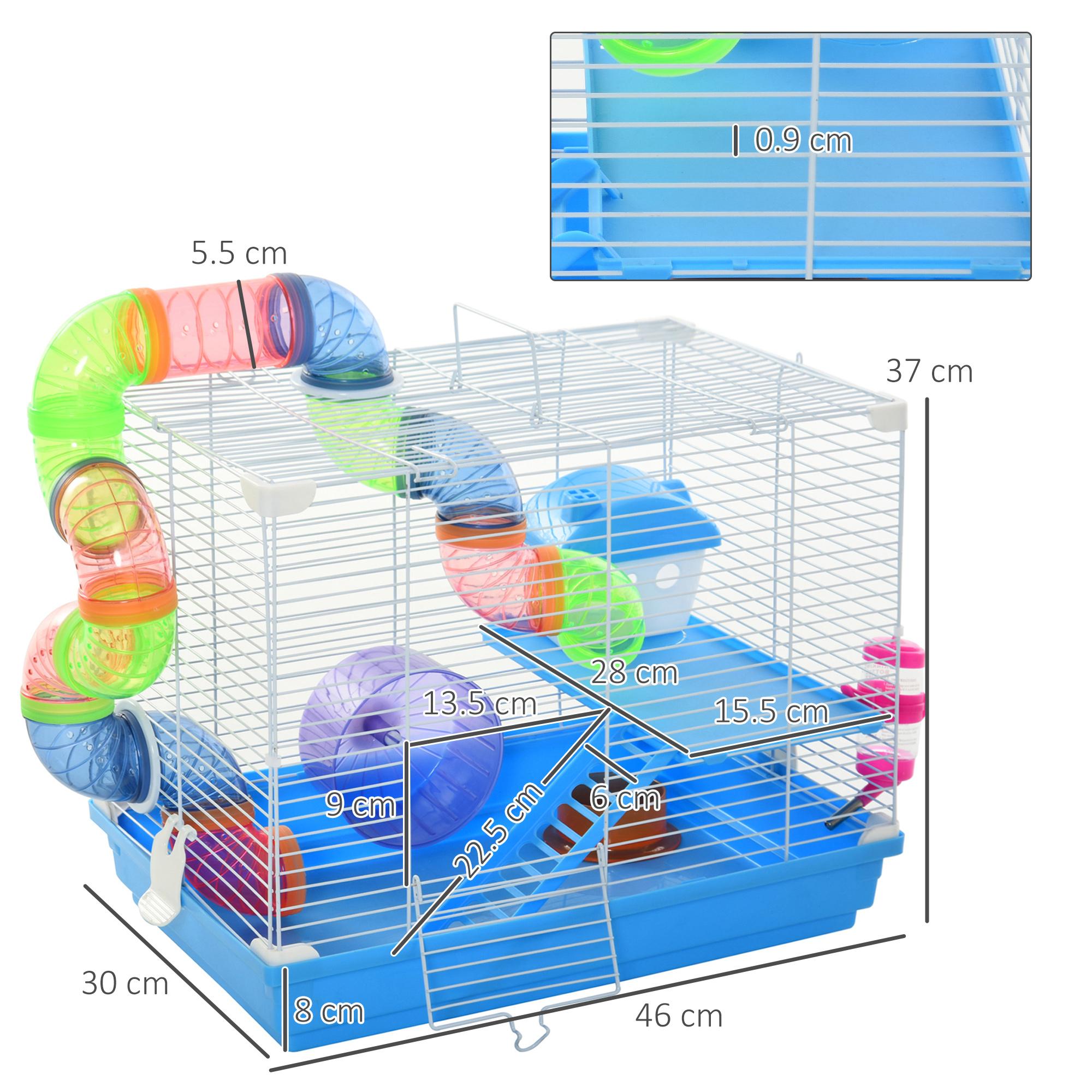 Gabbia per Criceti 2 Livelli 46x30x37 cm con Serbatoio Acqua e Giochi Azzurra